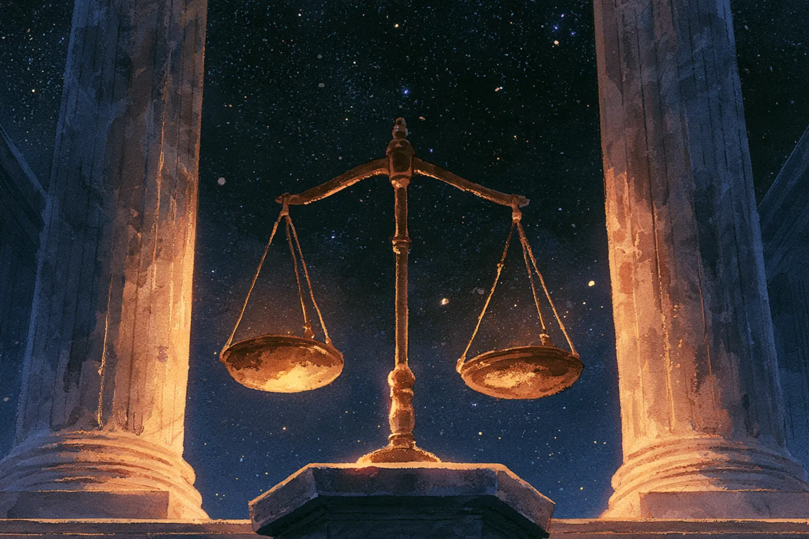在浩瀚星空之下，一座发光的黄铜正义天平立于大理石廊柱之间