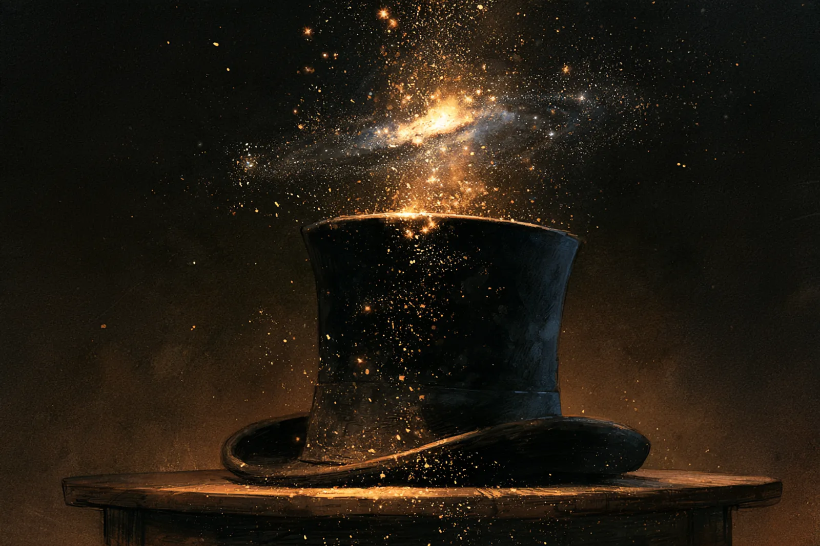 木桌上放着一顶黑色的魔术礼帽，上方悬浮着一个发光的微型星系