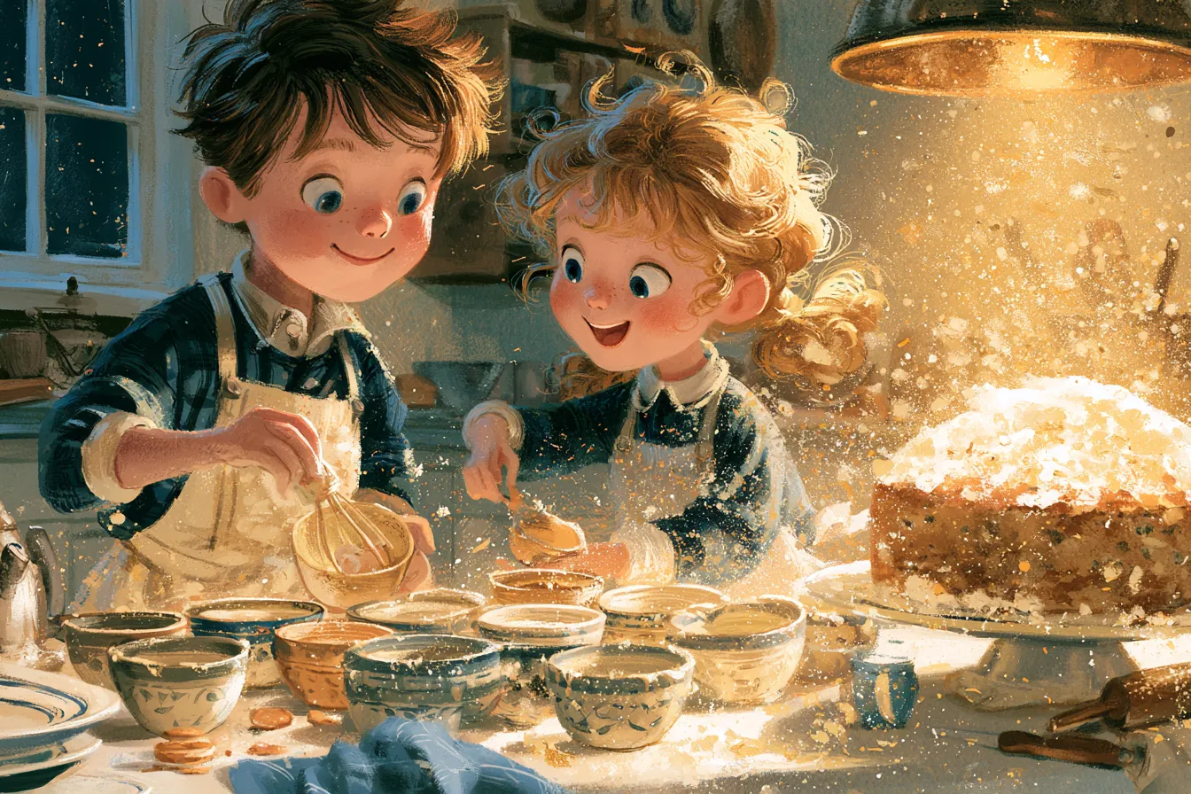 Dos niños horneando en una cocina acogedora, midiendo con cuidado los ingredientes en muchos tazones pequeños junto a un pastel