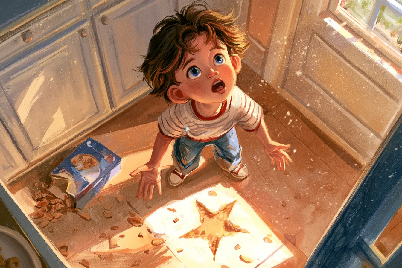 Un niño sorprendido en una cocina soleada mirando el cereal derramado que forma una estrella perfecta en el piso