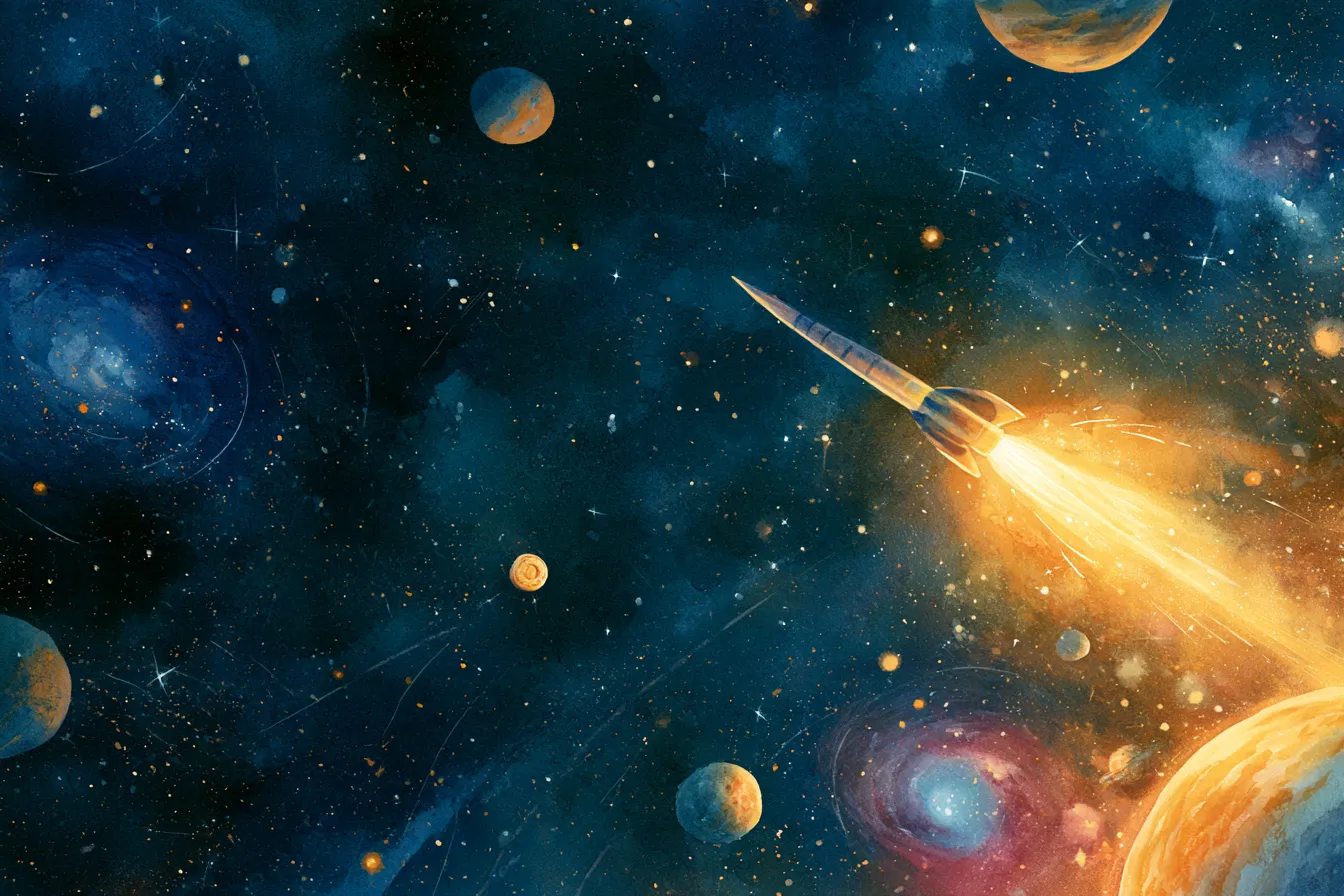 Un dardo brillante cruzando un universo estrellado hacia un blanco diminuto y lejano