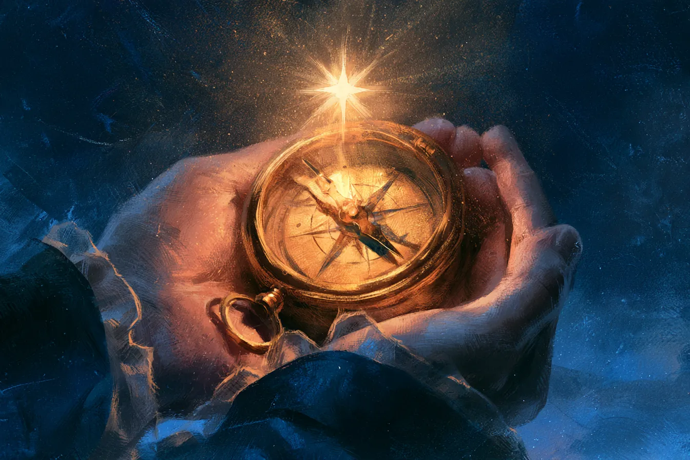 子どもが両手で包むように持つ金色に光る方位磁石。その針は明るい星を指している
