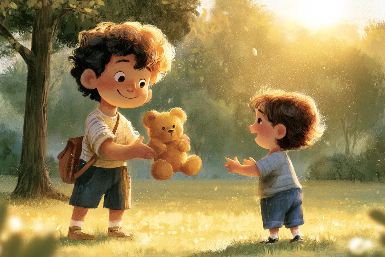 日当たりのいい公園で、にっこり笑った子どもが、なくしたテディベアを小さな子どもに返している