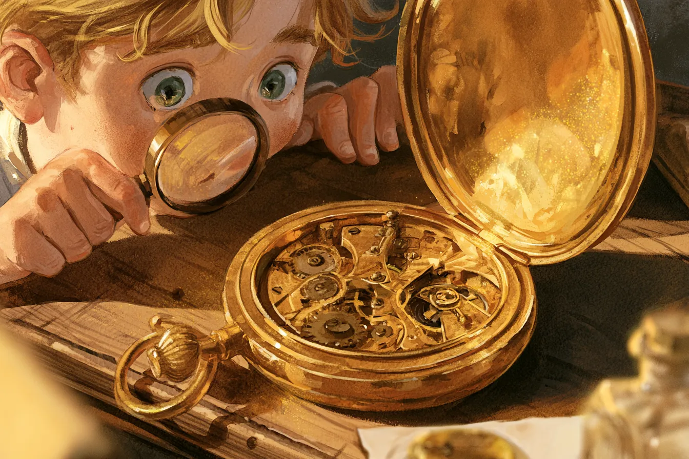 一只打开的金色怀表露出里面的齿轮和弹簧，一个孩子拿着放大镜凑近观看
