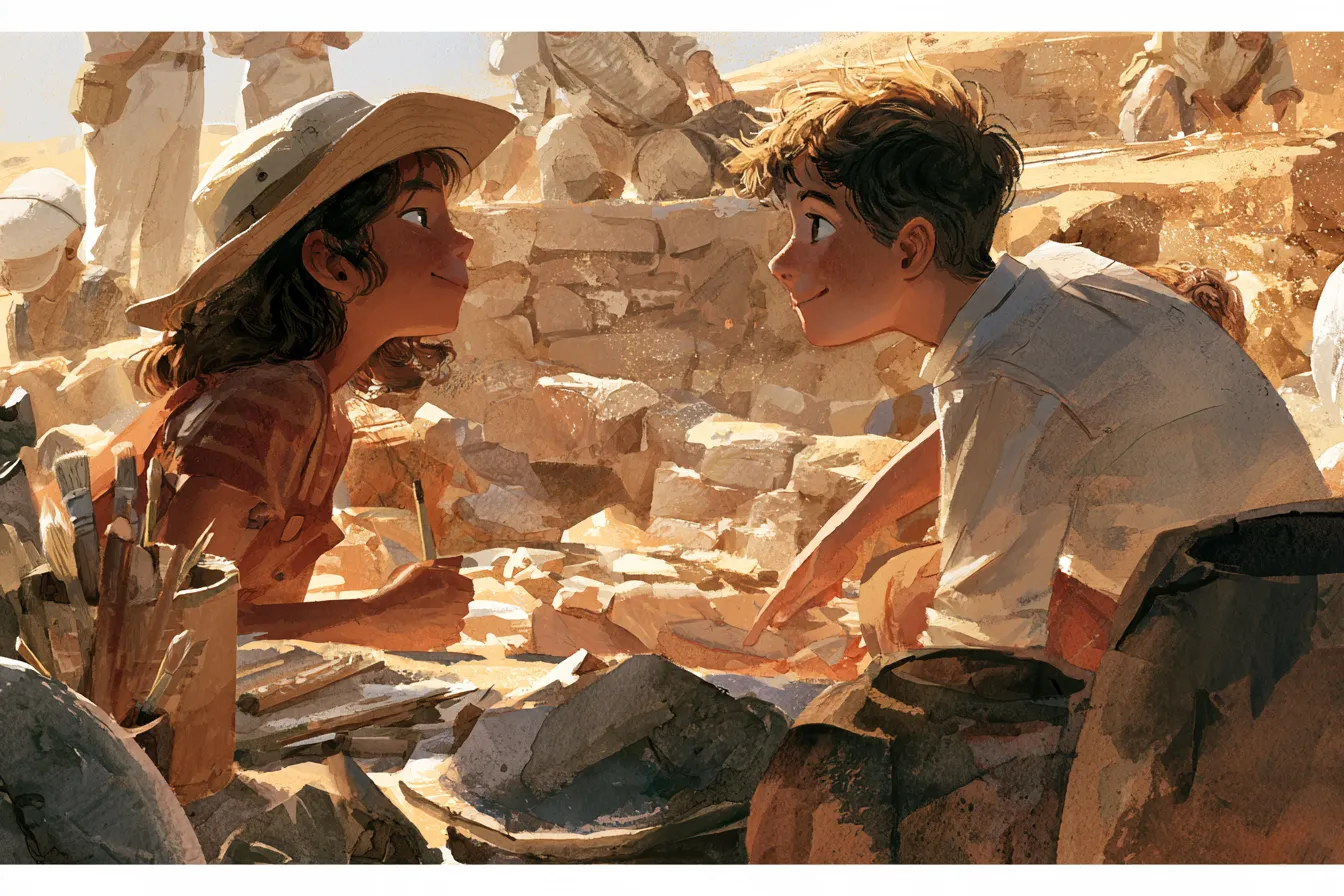 Dos niños observando a unos arqueólogos descubrir con delicadeza ruinas de piedra y cerámica antiguas en una excavación en el desierto