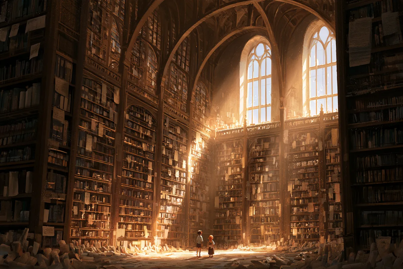 Un enorme salón de biblioteca lleno de miles de rollos y manuscritos antiguos, con dos niños mirando maravillados