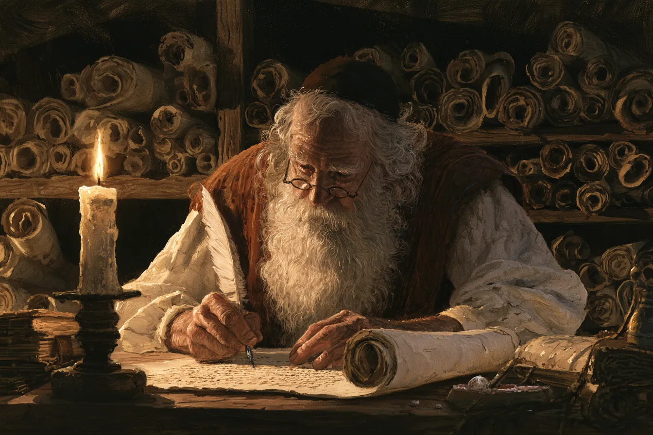 Un escriba anciano y amable copiando con cuidado palabras de un rollo a otro con una pluma, a la luz de una vela