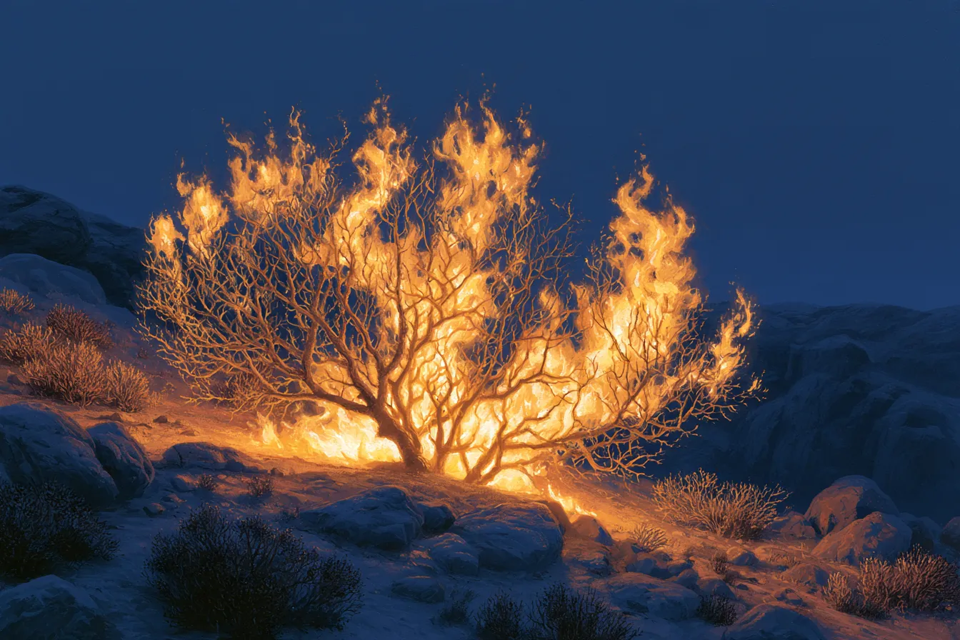Un arbusto encendido con llamas doradas en una ladera rocosa del desierto al anochecer, con sus ramas sin quemarse