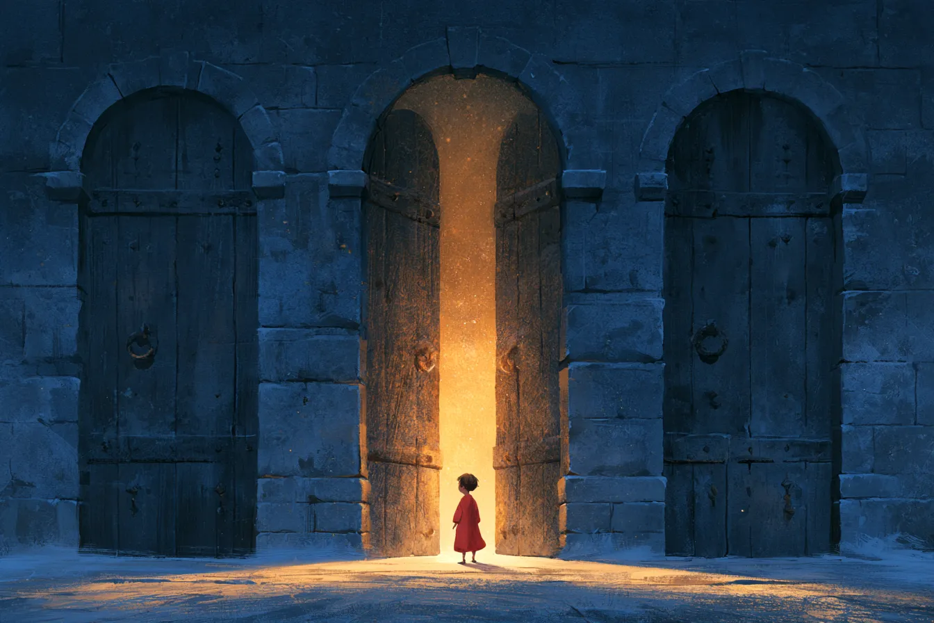 Tres altas puertas antiguas de madera en un muro de piedra, la del medio brillando con luz dorada, y un niño frente a ellas decidiendo