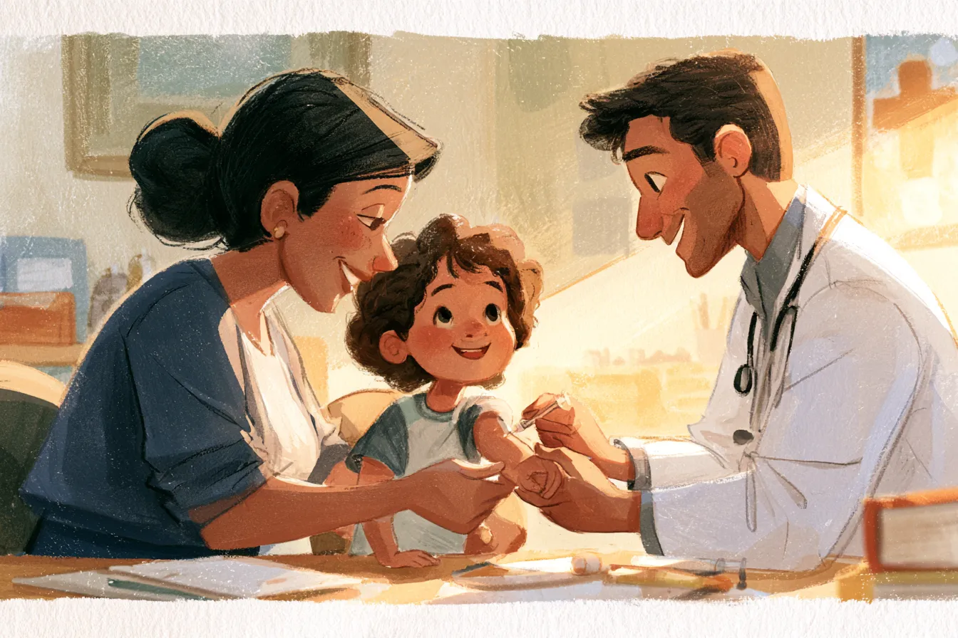 Un padre amable tomando la mano de un niño valiente en el consultorio del doctor durante una inyección