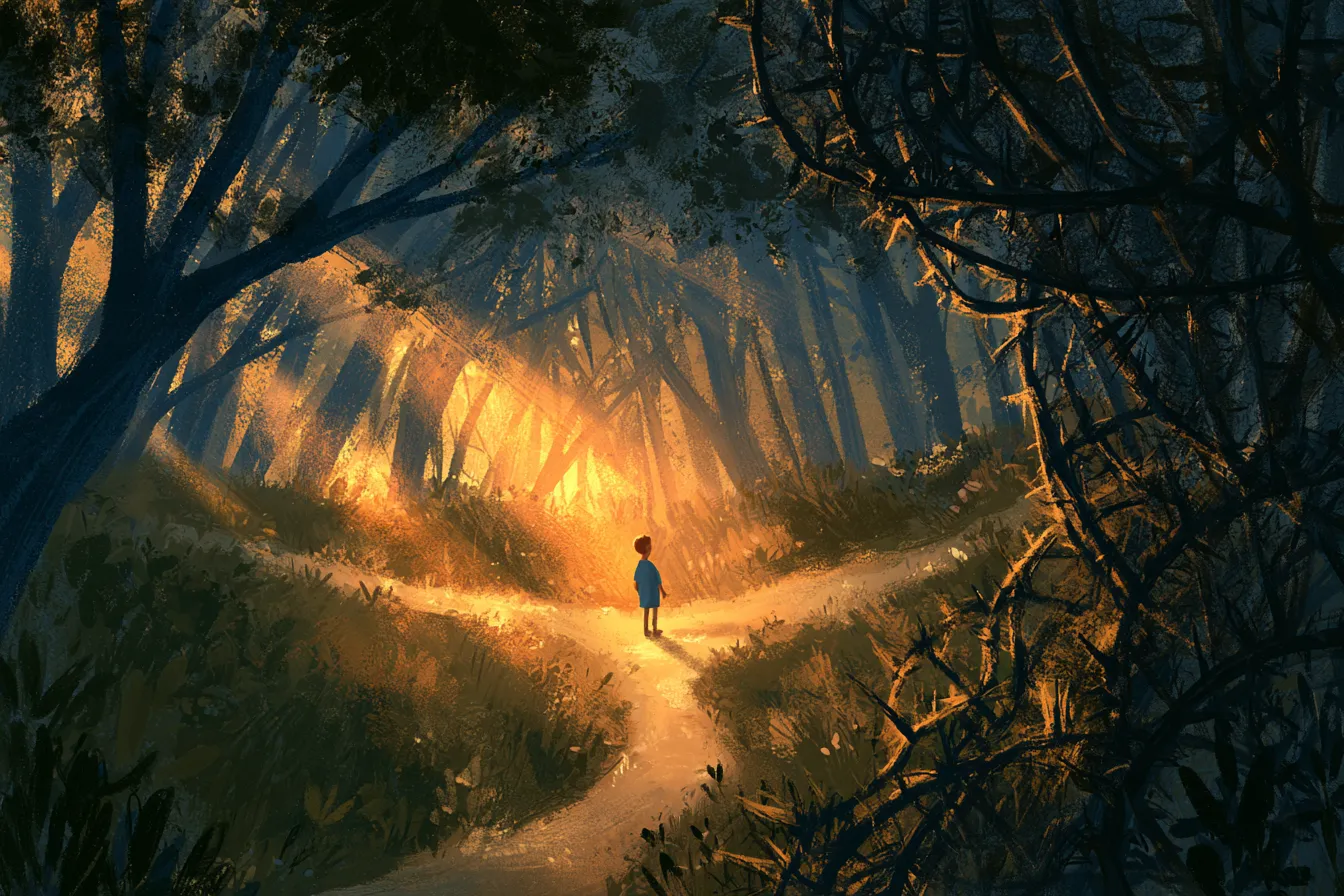 Un niño de pie ante una bifurcación en un sendero del bosque, un camino bañado por la luz del sol y el otro enredado con espinas