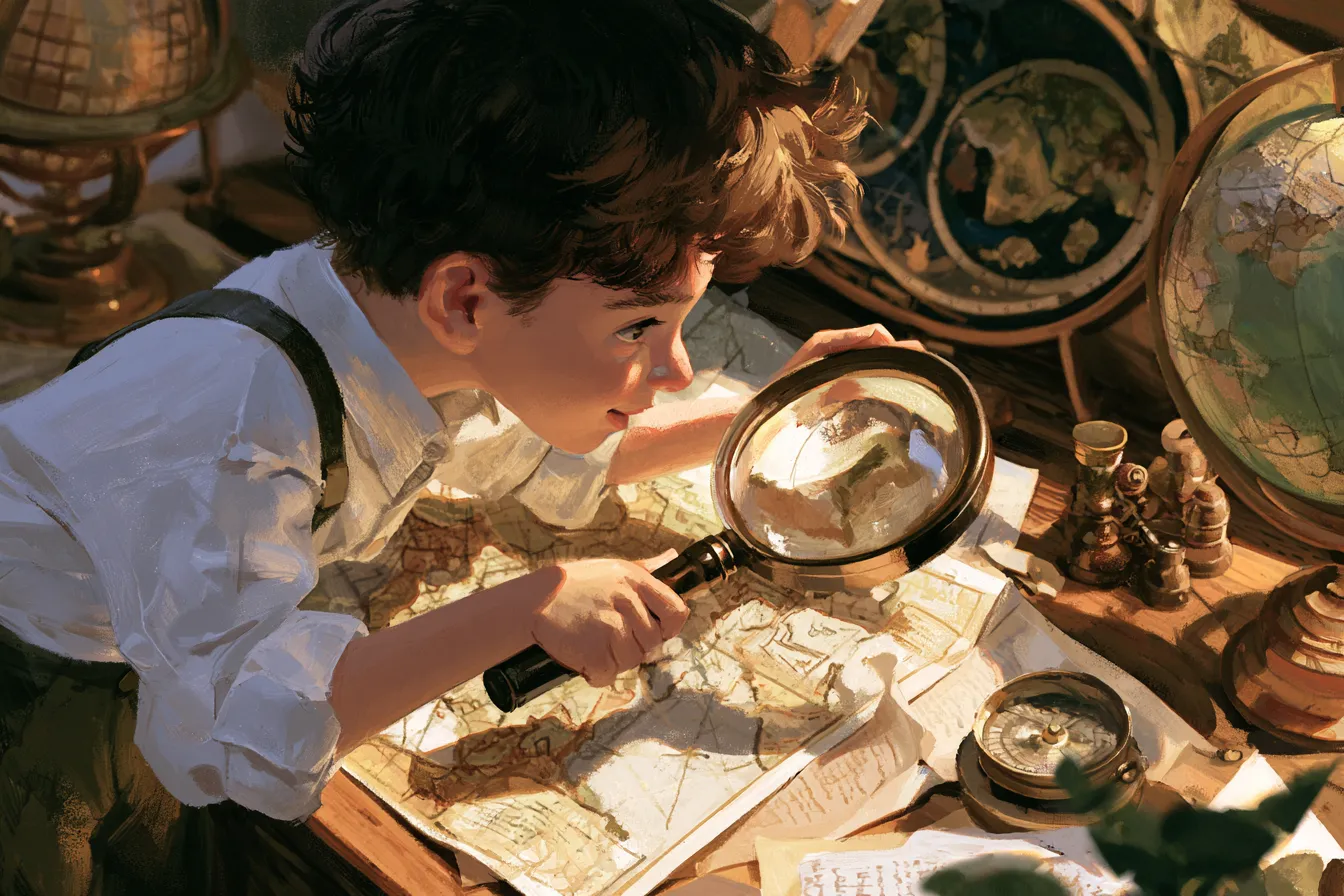 Un niño estudiando un mapa antiguo y documentos viejos con una gran lupa