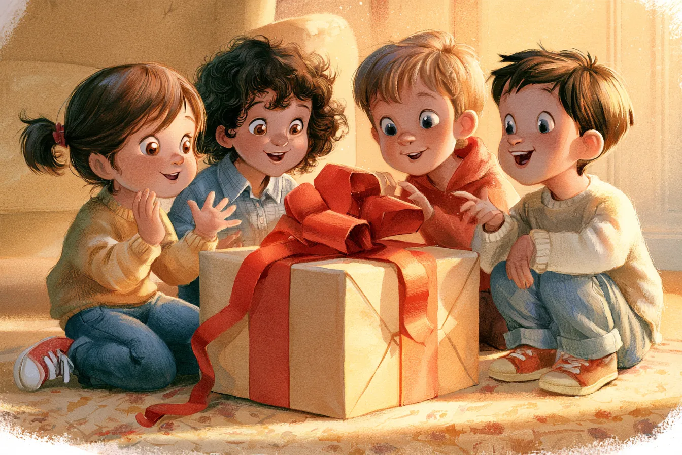 Cuatro niños curiosos reunidos alrededor de un gran regalo envuelto con un moño rojo, cada uno adivinando algo distinto