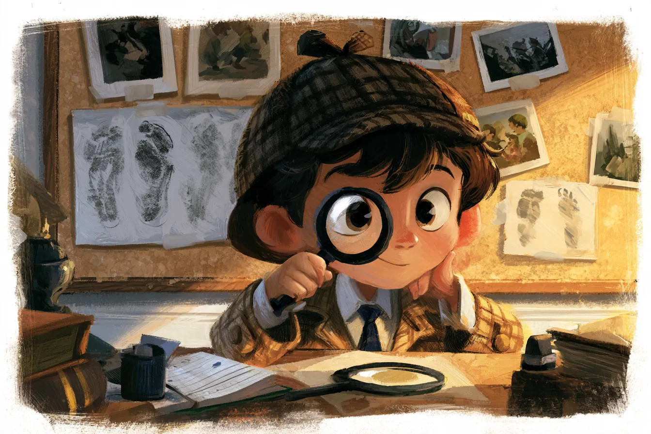 Un niño detective con gorra de cazador examinando pistas sobre un escritorio con una lupa