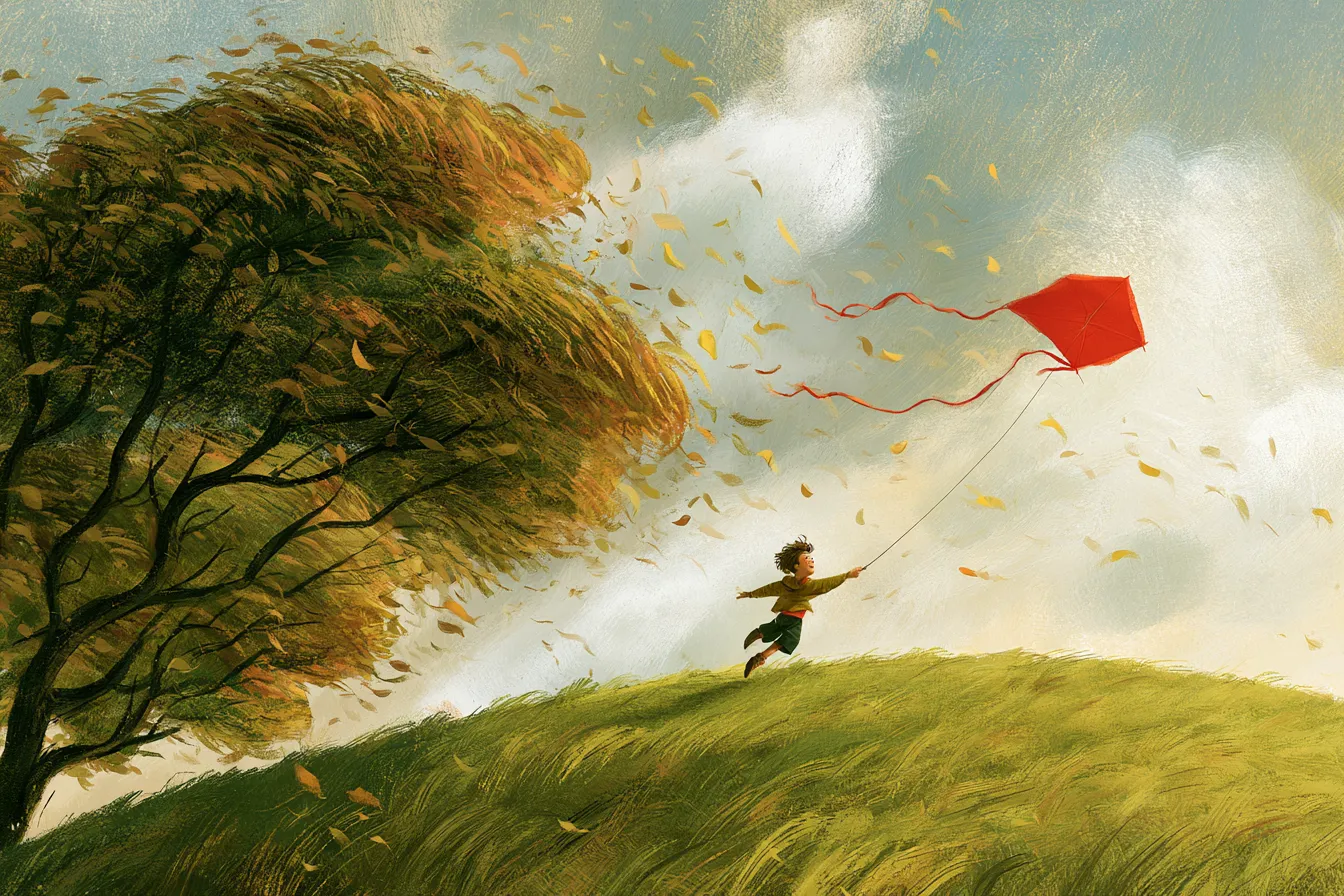 Un niño feliz volando un papalote rojo brillante con viento fuerte, con los árboles doblándose y hojas doradas arremolinándose