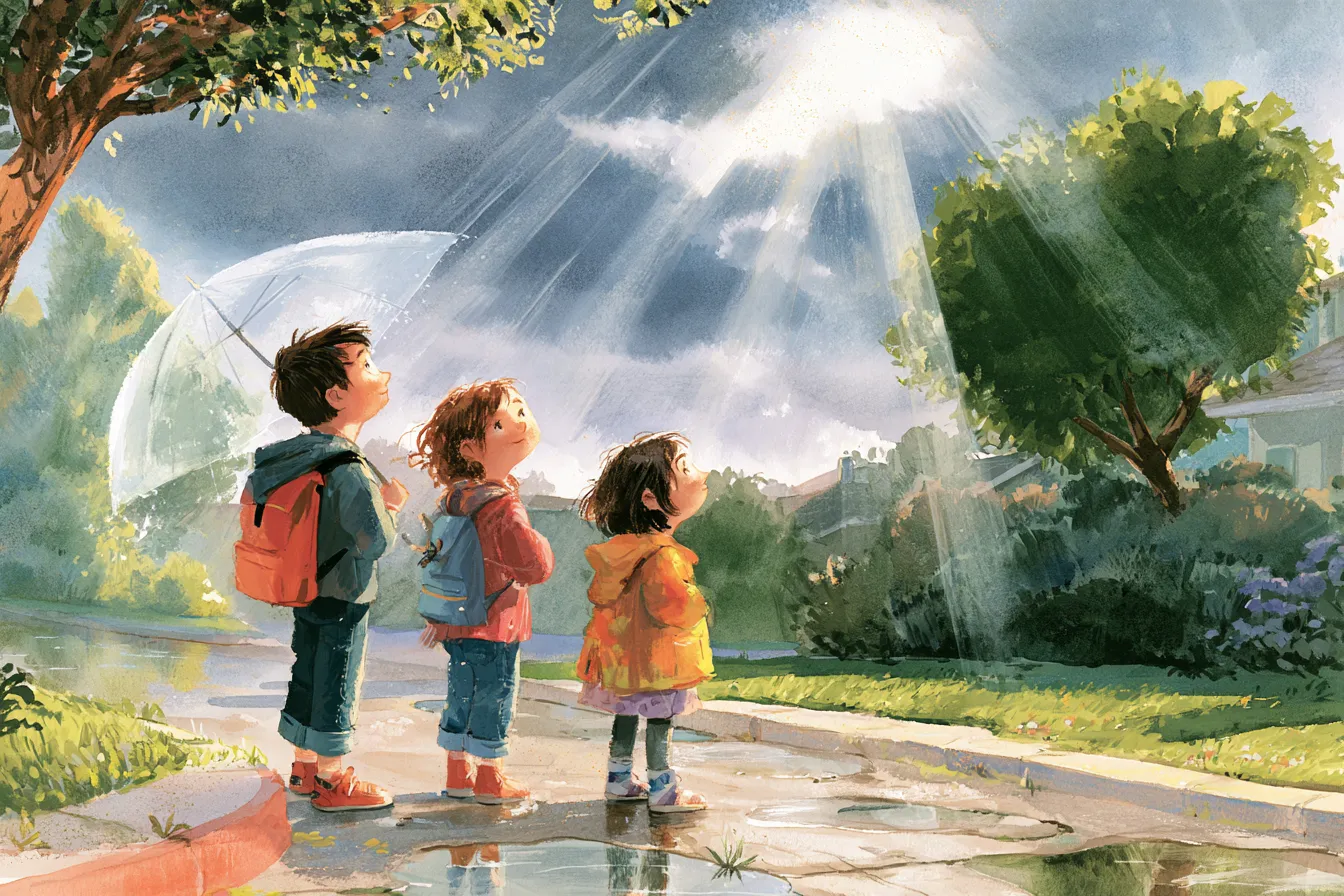 Tres niños en una banqueta mirando pensativos los charcos mientras el sol se abre paso entre las nubes de lluvia que se despejan