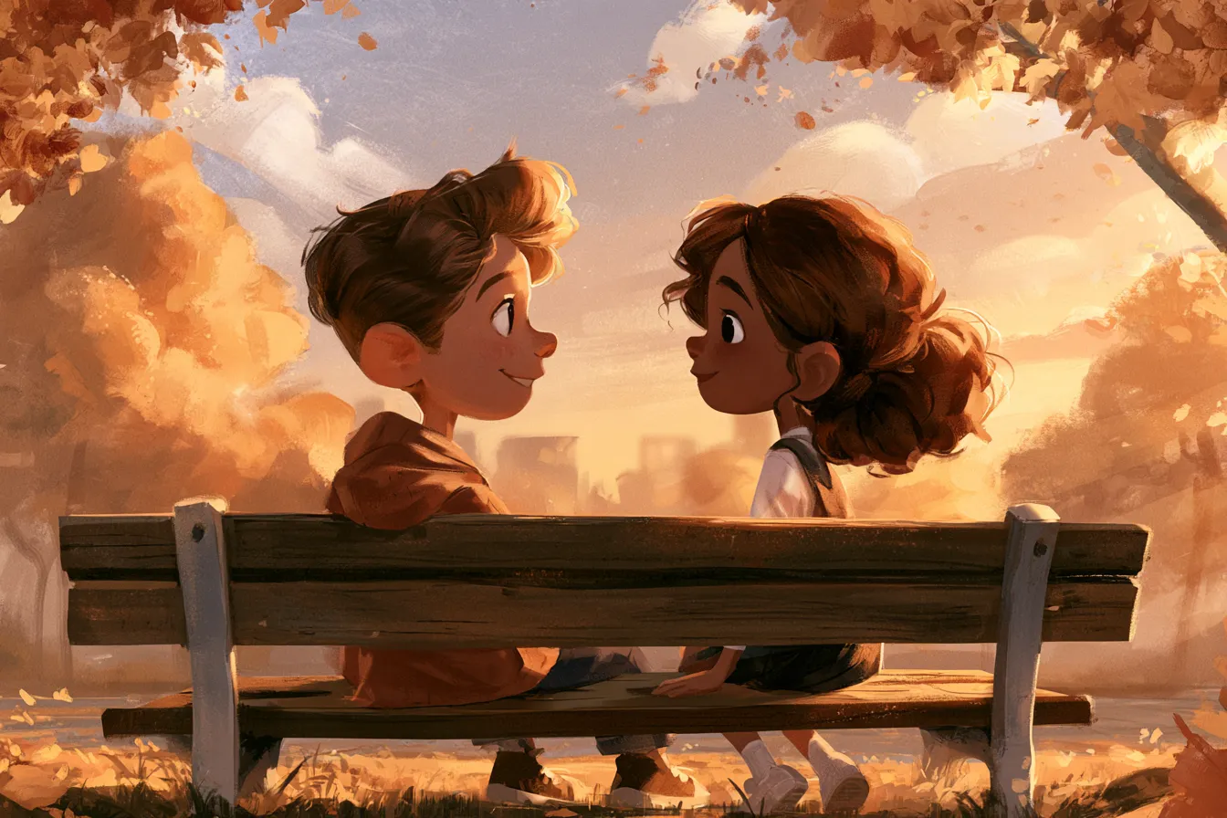 Dos niños sentados juntos en una banca del parque al atardecer teniendo una conversación amable y tranquila