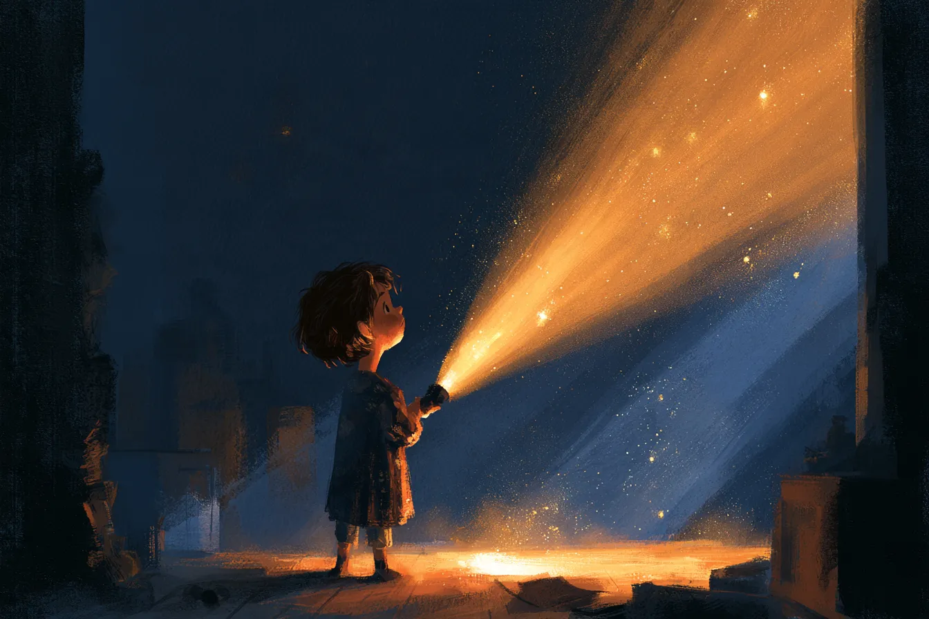 Un niño en un cuarto oscuro sosteniendo una linterna que lanza un brillante haz de luz cálida a través de la oscuridad