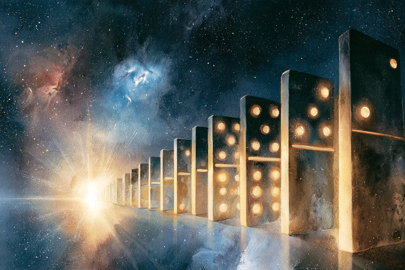 Una larga fila de fichas de dominó gigantes y brillantes de pie sobre un campo de estrellas cósmico, con la primera ficha brillando con más intensidad