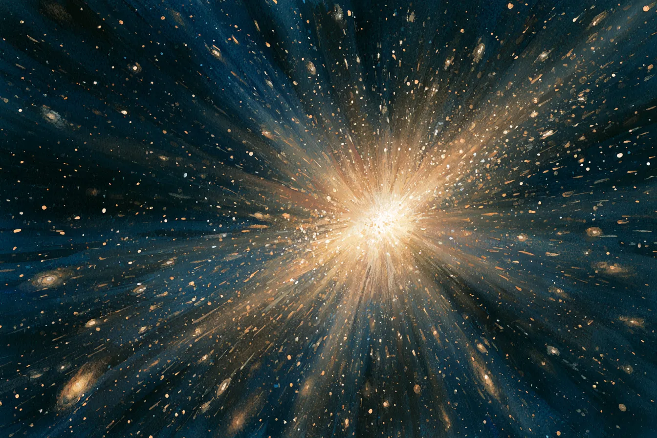Cientos de galaxias desplazándose hacia afuera desde un único punto de luz brillante en el espacio profundo