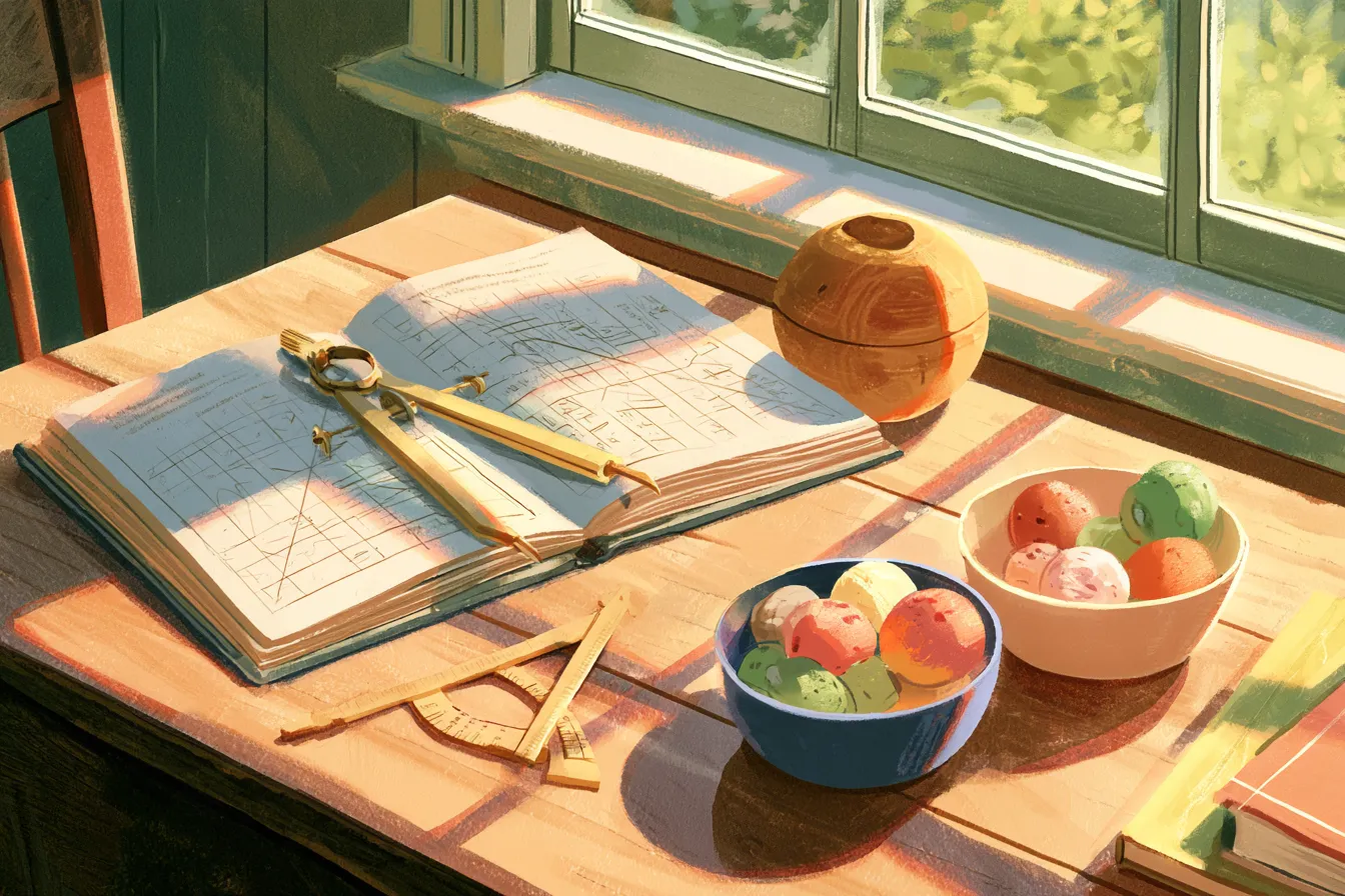 Una mesa de estudio con un libro de geometría y un compás de un lado y tazones de helado del otro