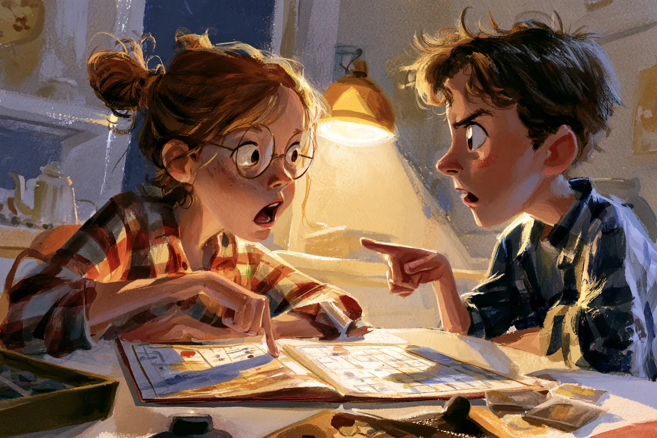 Dos adolescentes en la mesa de la cocina discutiendo por un juego de mesa, ambos señalando el manual de reglas abierto entre ellos