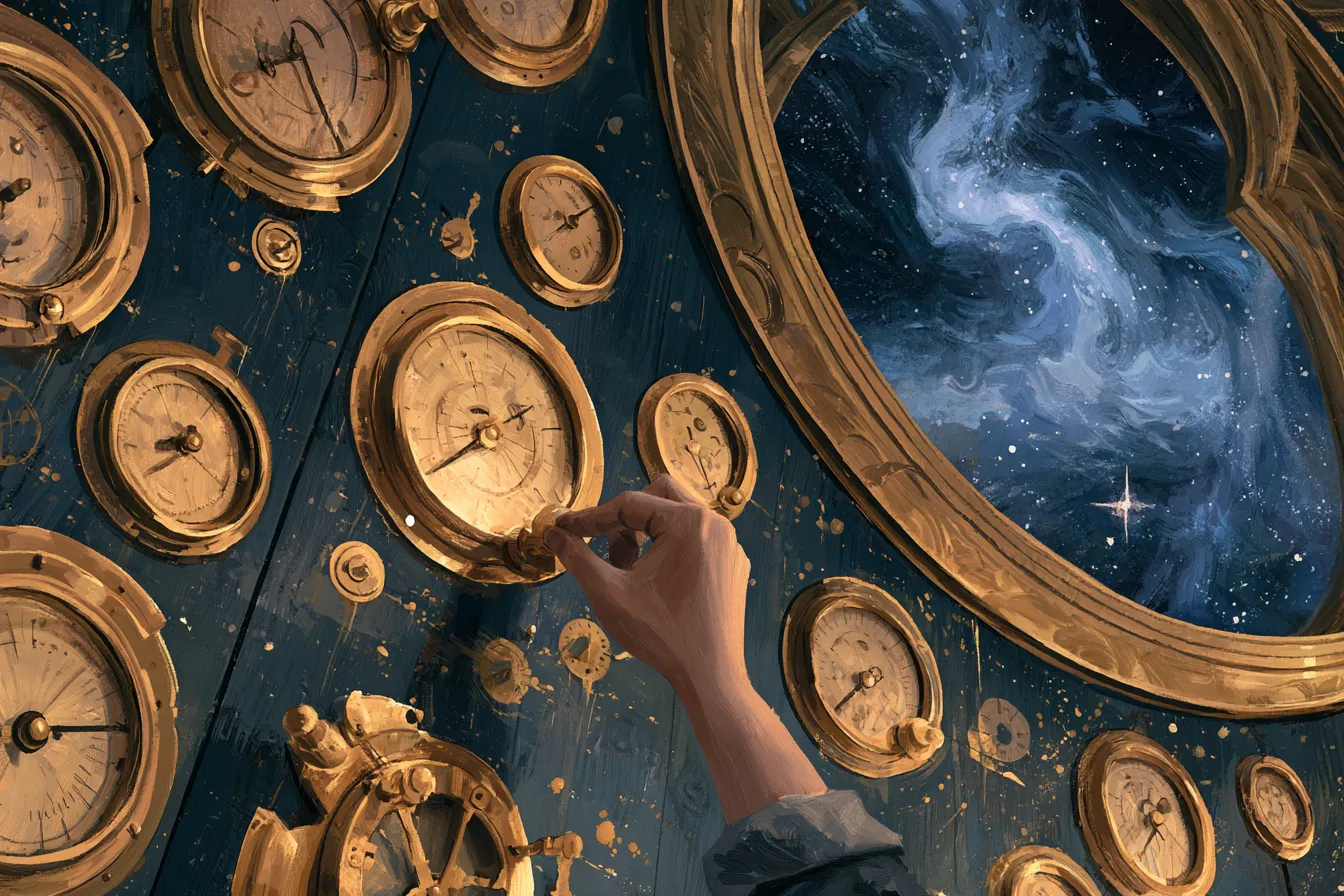 Un enorme muro de control cósmico con precisos diales e indicadores de latón, una mano ajustando un dial, una nebulosa vista por la ventana del observatorio