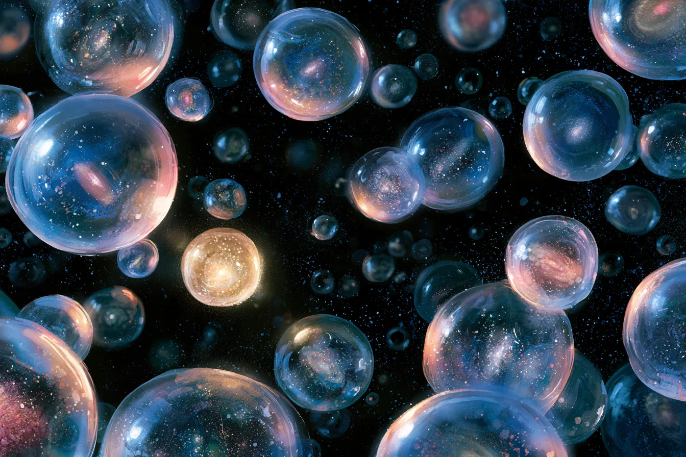 Incontables universos burbuja translúcidos flotando en un vacío oscuro, uno de ellos brillando en un cálido dorado