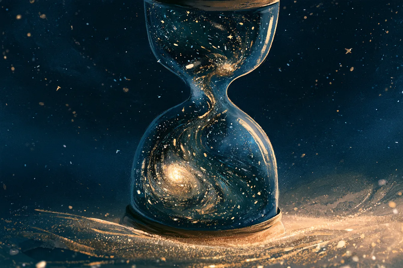 一只巨大的宇宙沙漏漂浮在深空中，玻璃里流动的不是沙子，而是旋转的星系
