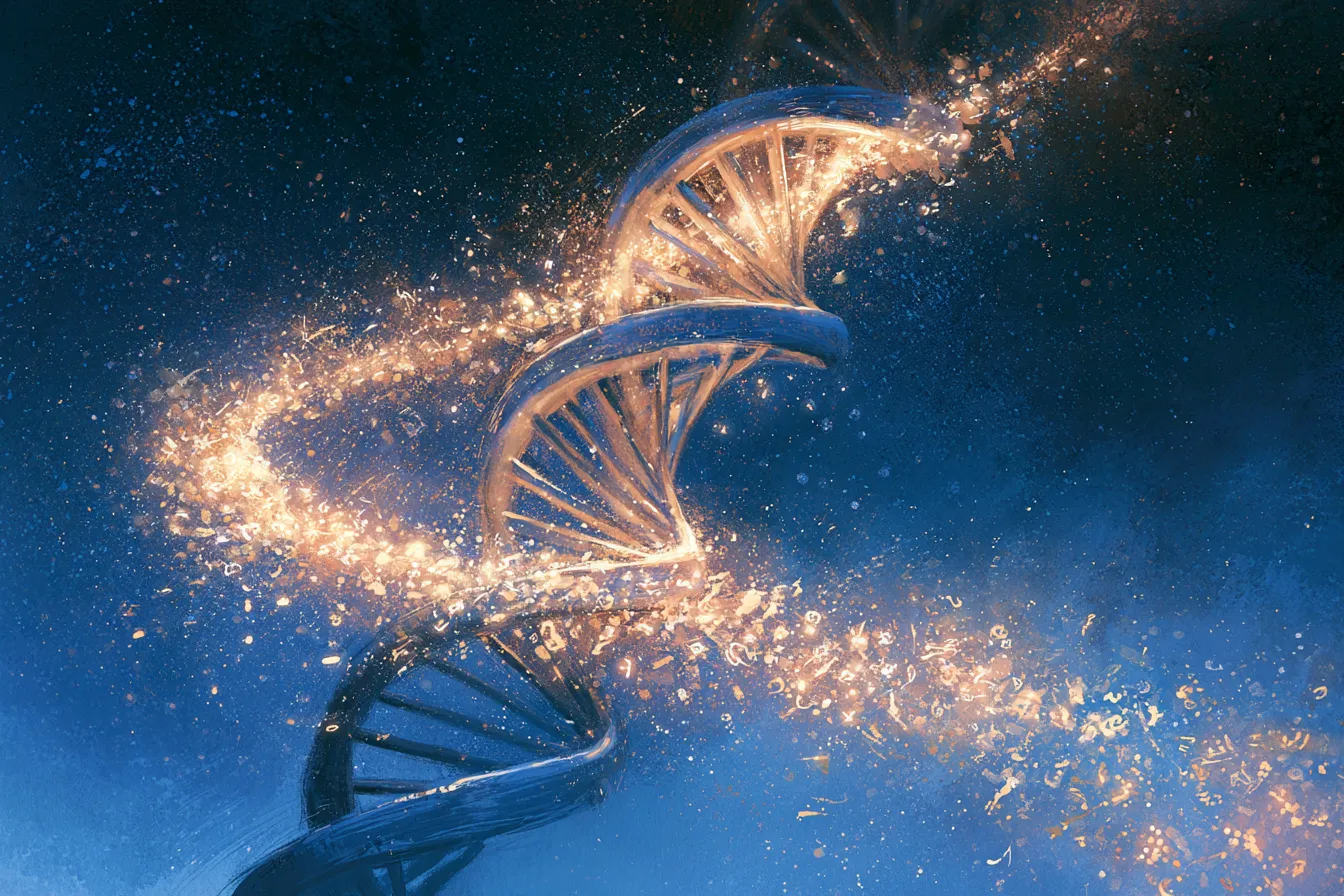Una doble hélice de ADN brillante que asciende en espiral y se despliega en corrientes de símbolos luminosos de luz