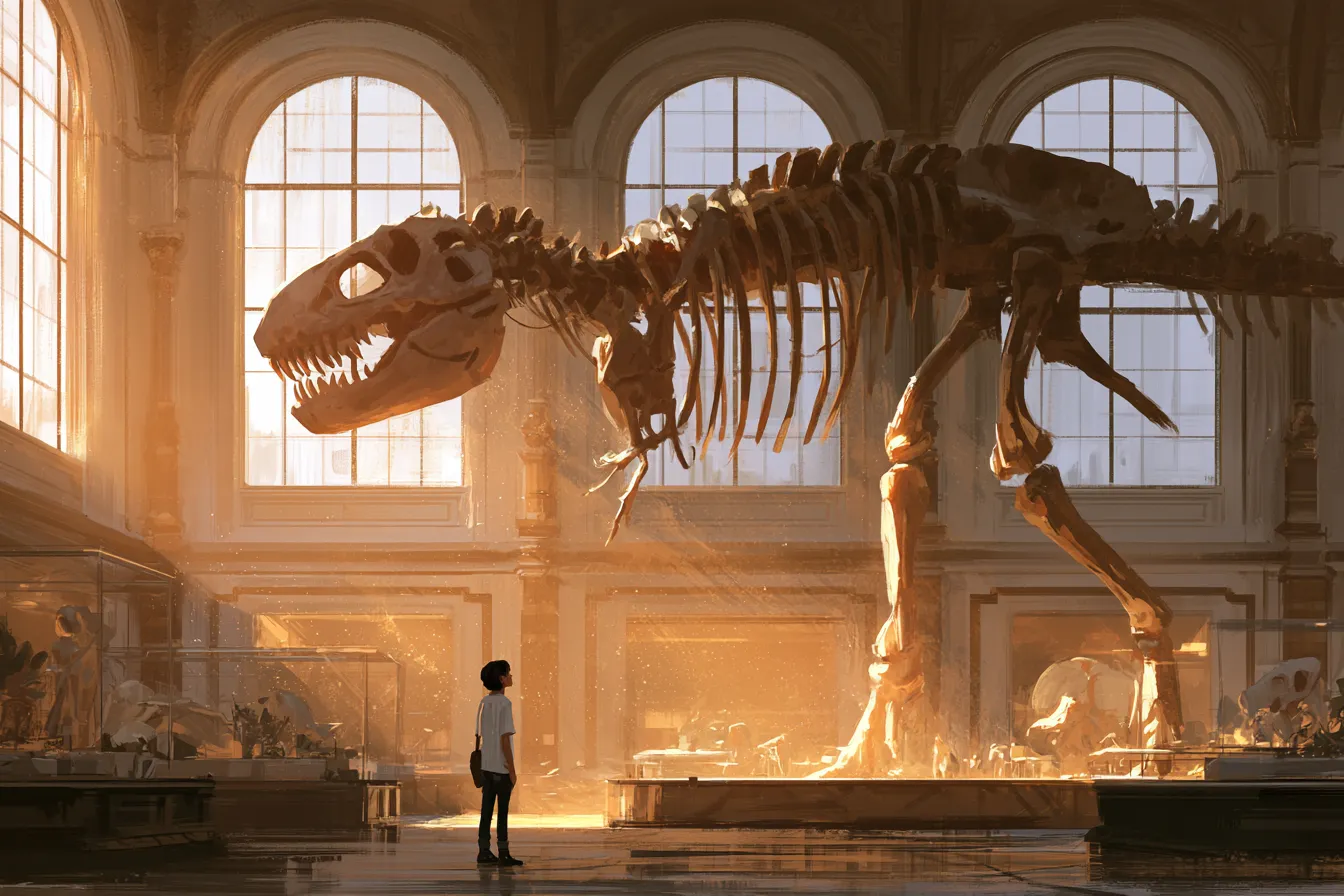 Un adolescente en un gran museo de historia natural contemplando el esqueleto fósil de un dinosaurio gigante bajo una luz dorada