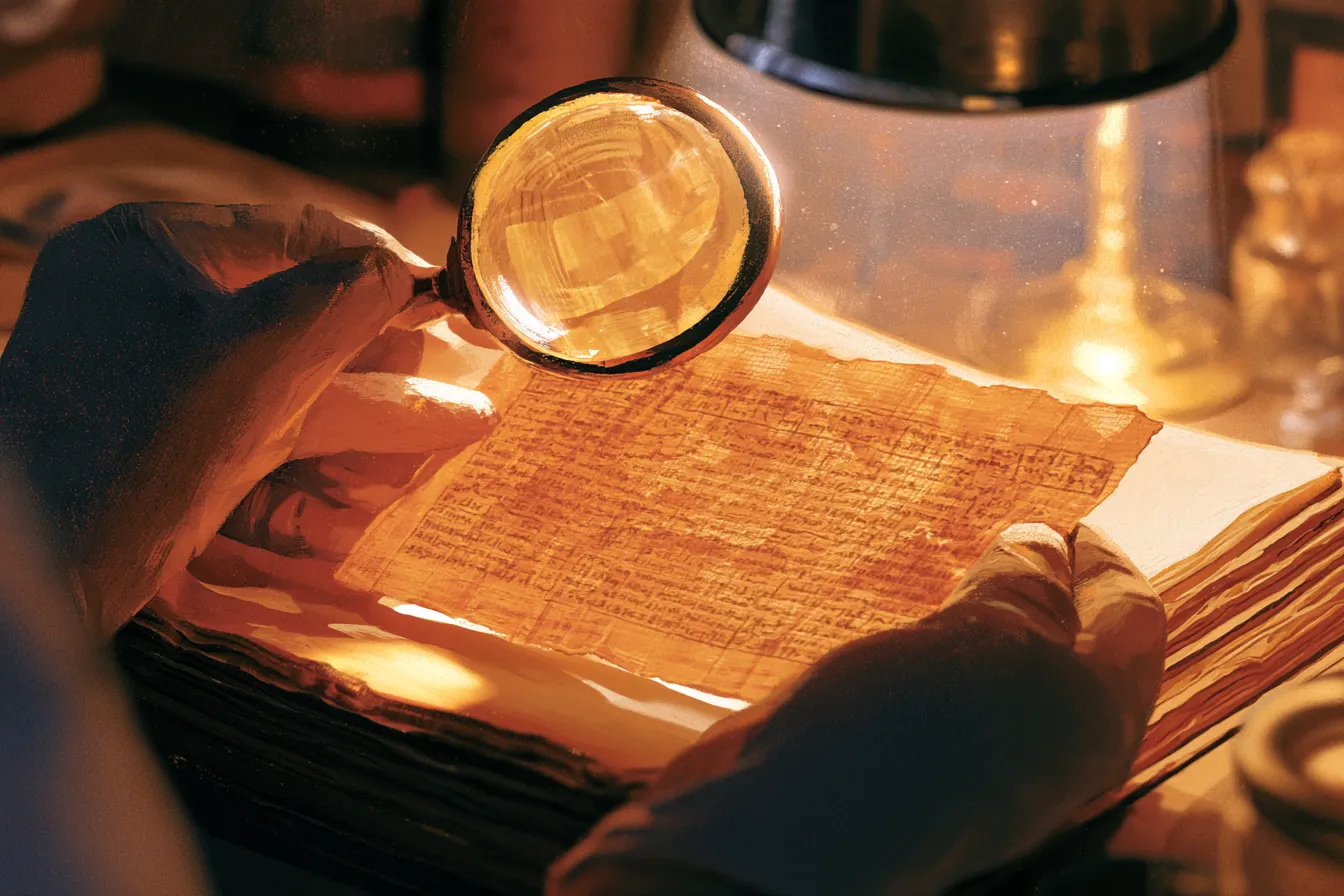 Un delicado fragmento de papiro antiguo sostenido con cuidado por manos enguantadas bajo una lámpara de aumento en el laboratorio de un museo