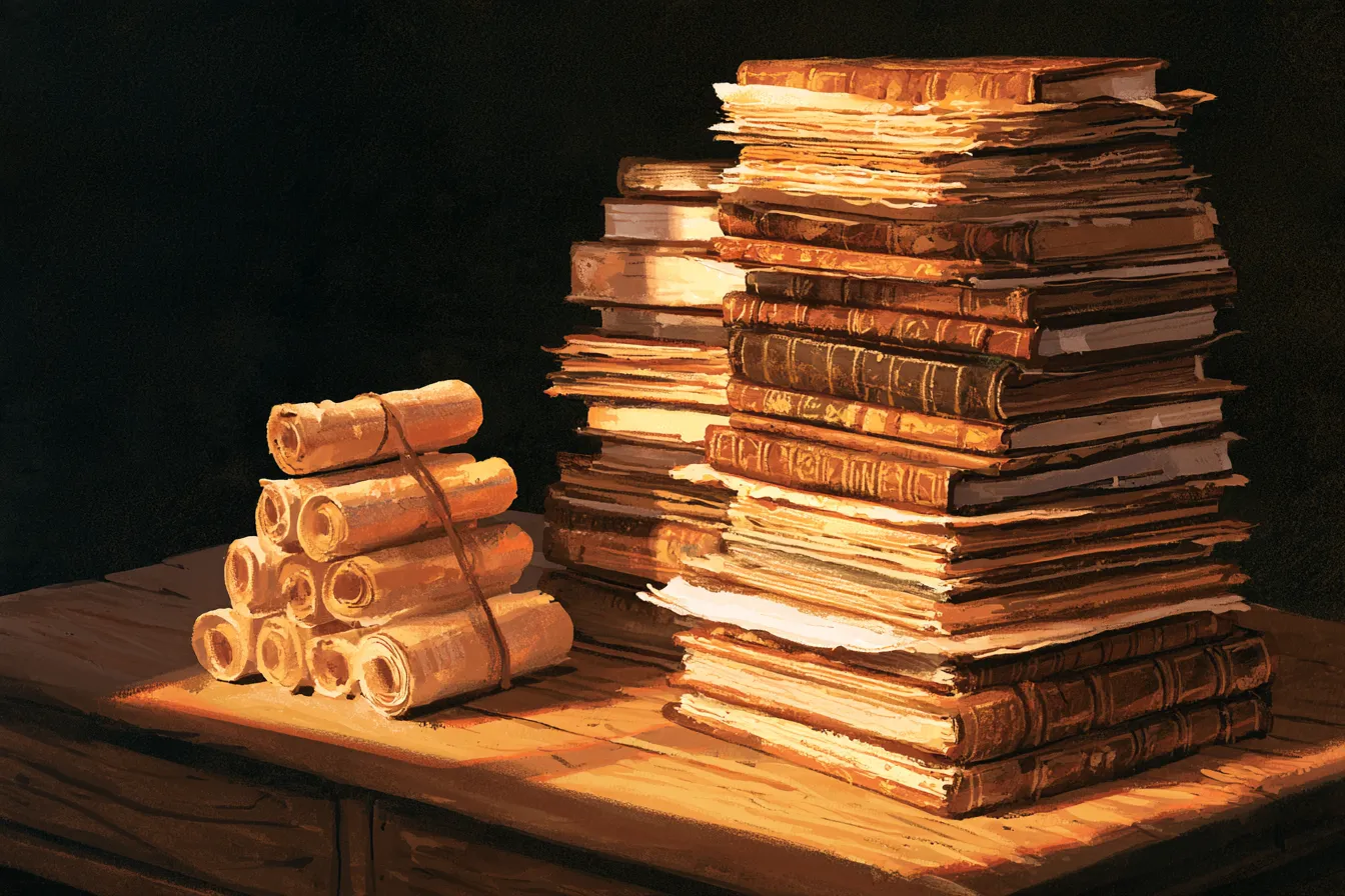 Una mesa de biblioteca con un pequeño montón de diez rollos desgastados junto a una enorme pila altísima de miles de manuscritos