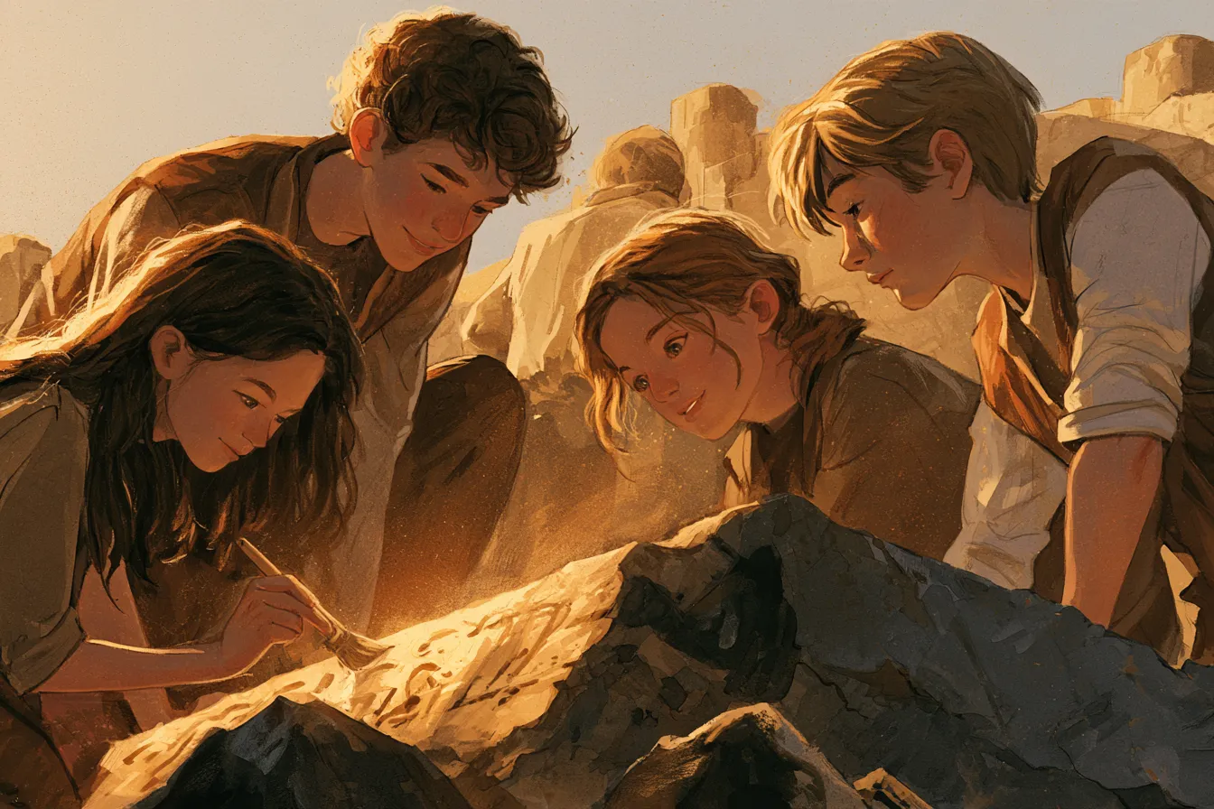 Adolescentes observando a arqueólogos cepillar la tierra de una inscripción tallada en piedra en la excavación de unas ruinas antiguas