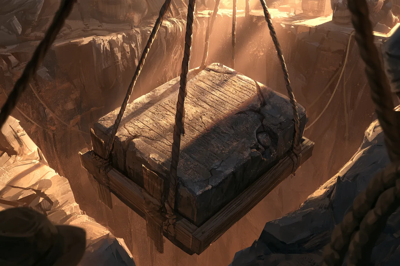 Una estela rota de piedra basáltica tallada con una inscripción antigua siendo levantada cuidadosamente de la tierra en una excavación arqueológica