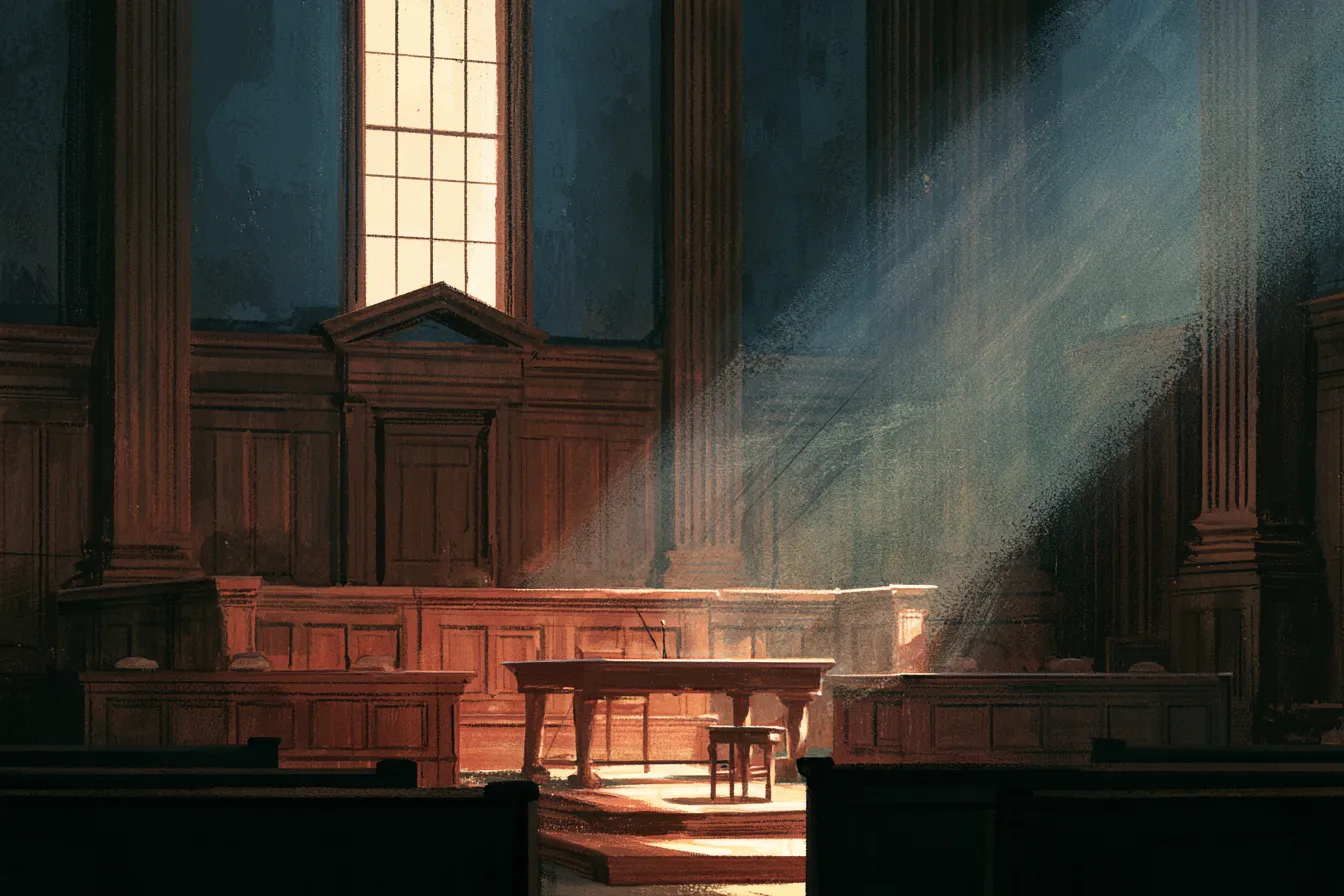 Una sala de tribunal antigua y señorial con paneles de madera y un estrado de testigos vacío iluminado por un solo haz de luz