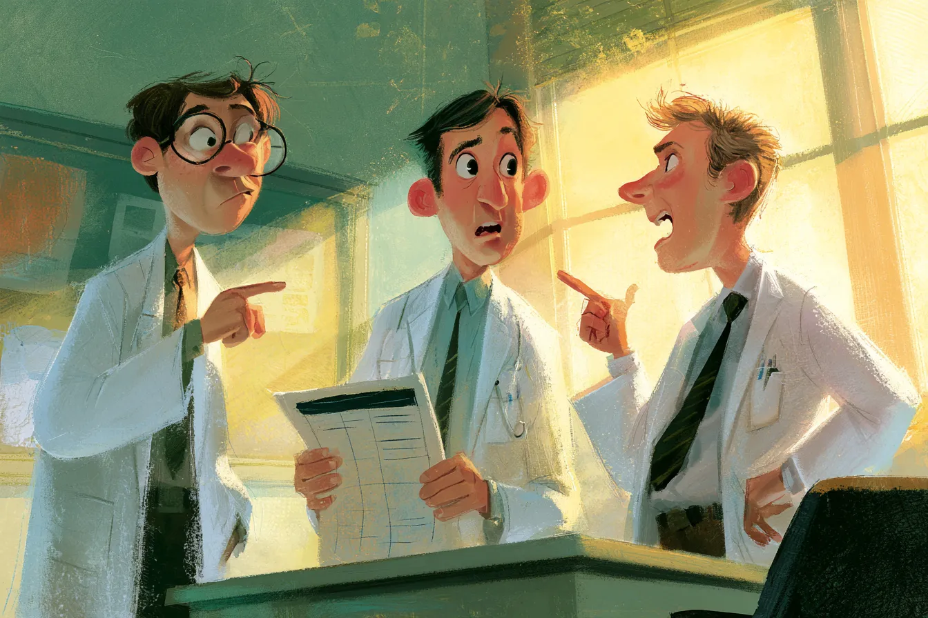 Tres médicos con bata blanca en desacuerdo sobre el expediente de un mismo paciente, cada uno señalando en una dirección distinta
