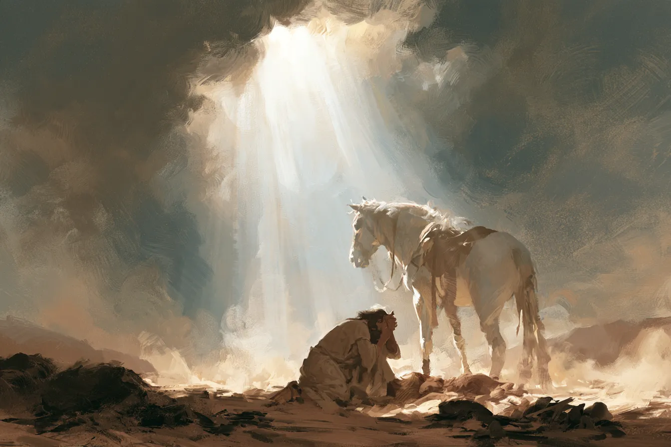 Un viajero en un polvoriento camino antiguo caído de rodillas junto a su caballo asustado, cubriéndose los ojos ante una gran luz radiante