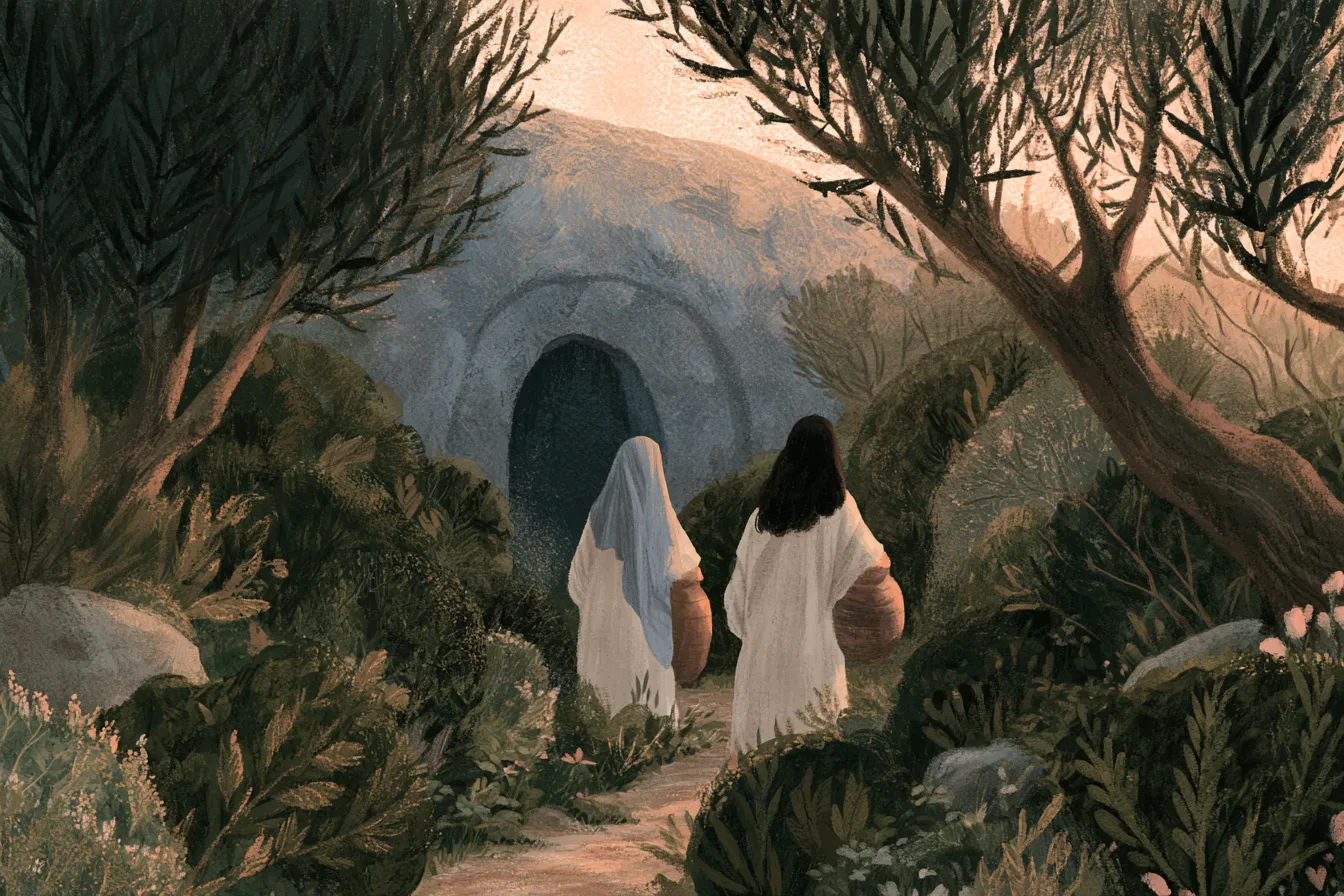 Dos mujeres con túnicas del siglo I llevando frascos de especias por un sendero de jardín hacia una tumba de piedra con las primeras luces del amanecer