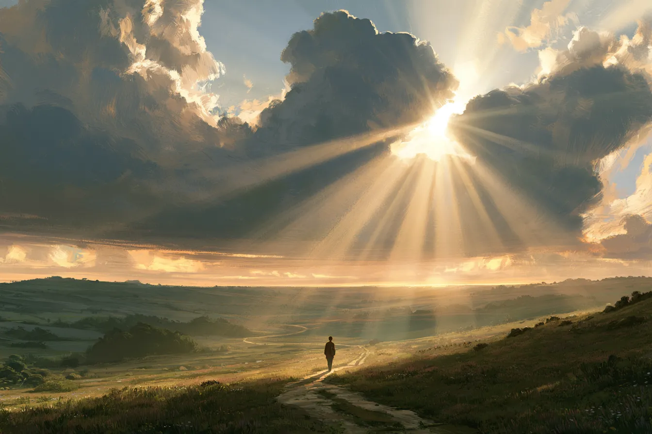 Brillantes rayos del amanecer atravesando nubes que se abren sobre campos ondulados, con un adolescente solitario caminando por un sendero sinuoso hacia la luz