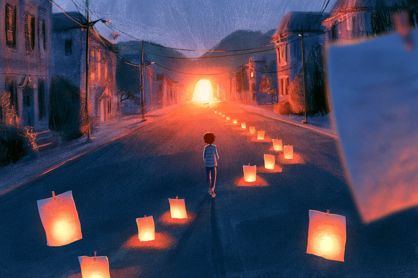 Un adolescente siguiendo un rastro de pequeñas notas luminosas por una calle del pueblo al anochecer, hacia una luz brillante y acogedora