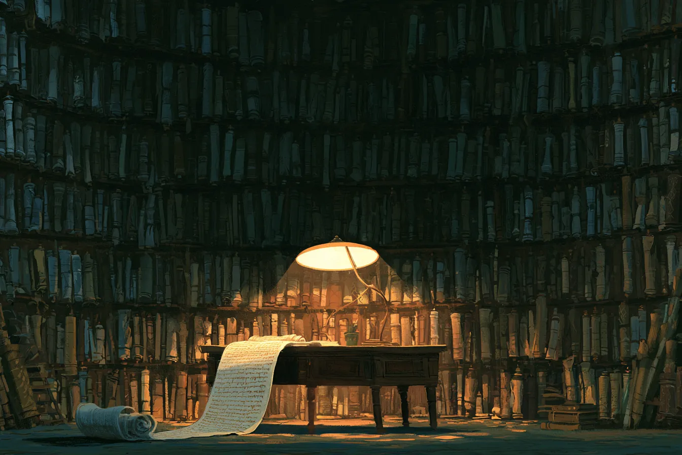Una enorme pared de biblioteca antigua llena de rollos y códices, con un rollo largo desenrollado sobre un escritorio bajo una única lámpara de lectura cálida