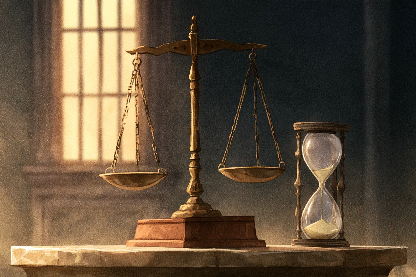 Una vieja balanza de bronce de la justicia sobre una mesa de piedra junto a un reloj de arena en una sala silenciosa