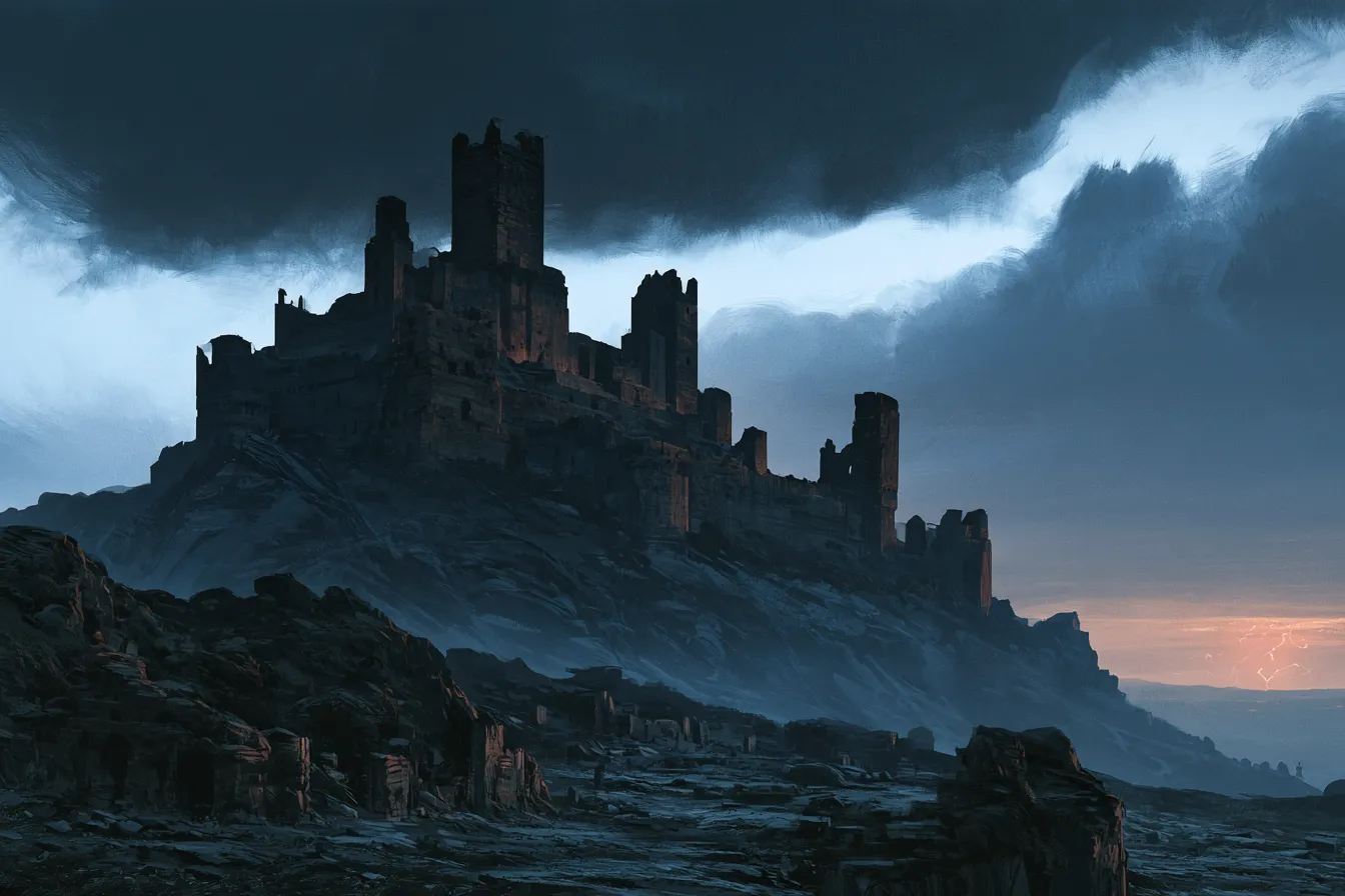 Nubes oscuras de tormenta reuniéndose sobre las ruinas de una antigua ciudad amurallada en una colina al anochecer