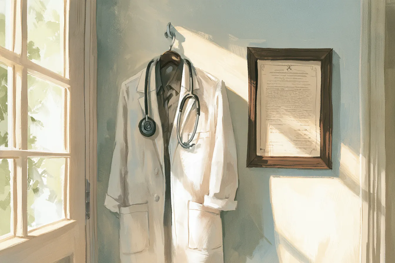 La bata blanca y el estetoscopio de un médico colgados en la pared junto a un documento de juramento enmarcado en un pasillo soleado