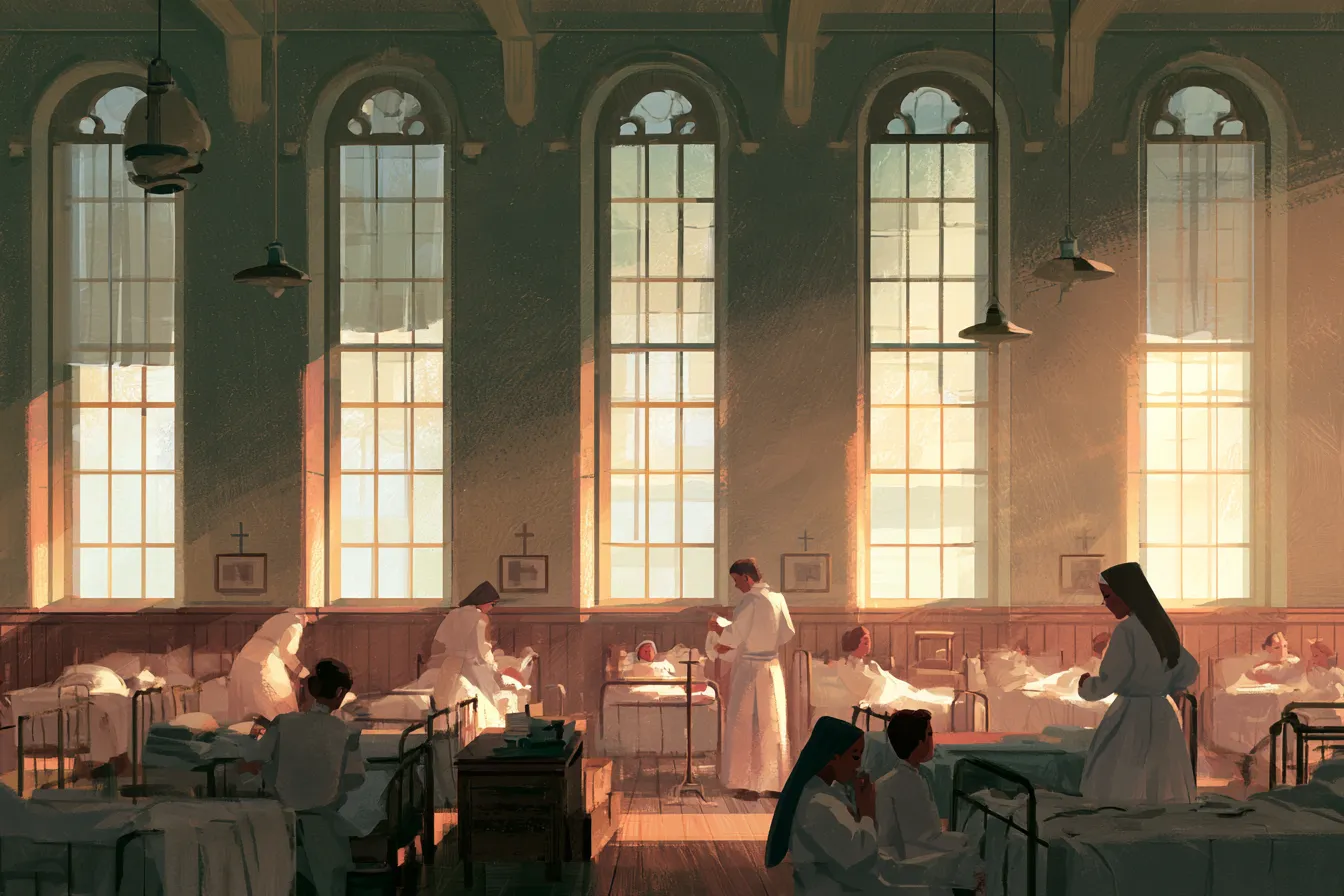 Una cálida sala histórica de hospital administrada por la iglesia, con monjas y médicos amables atendiendo a los pacientes bajo altas ventanas matinales