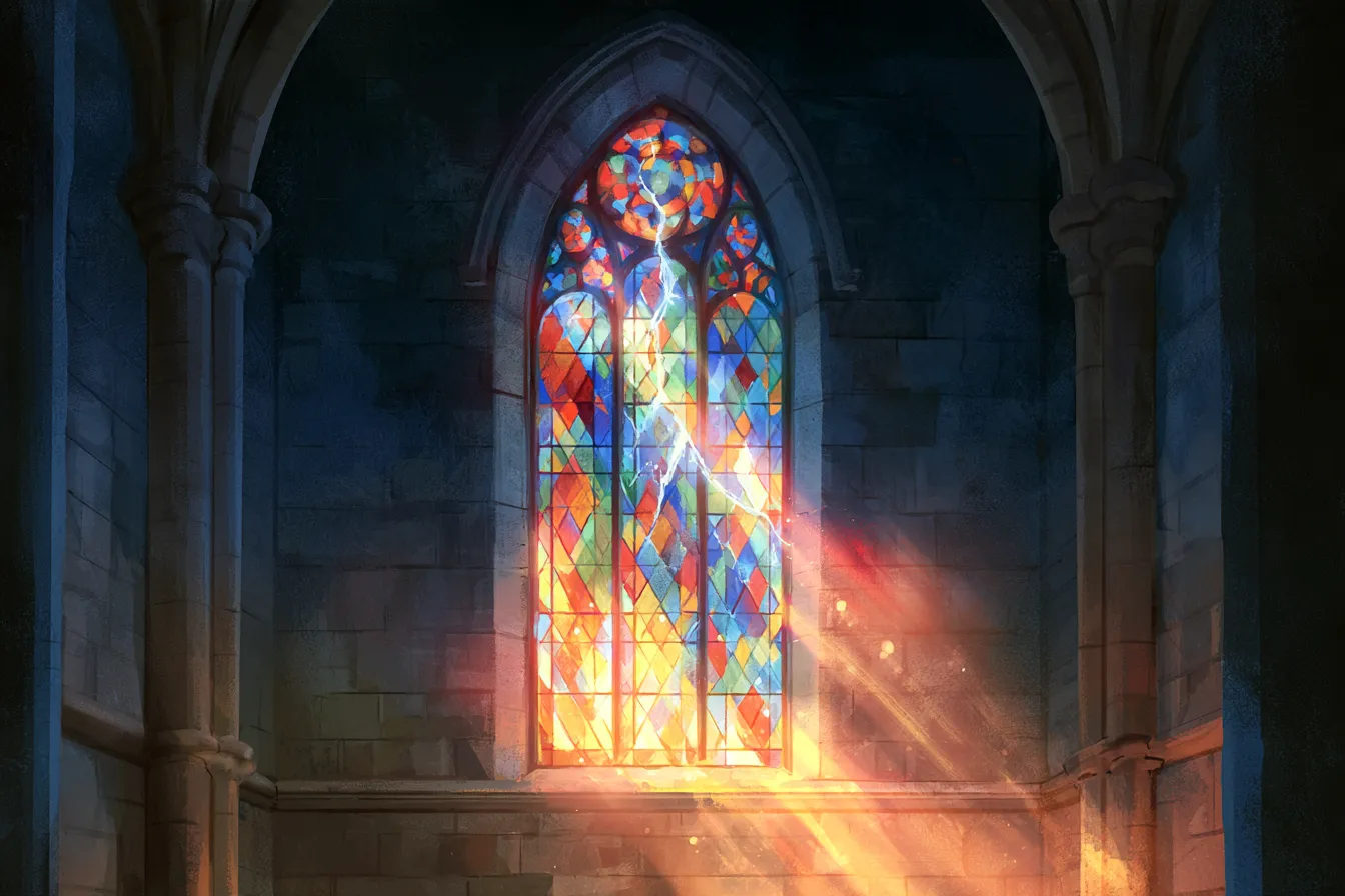 Un alto vitral con una grieta visible que lo atraviesa, con luz de colores brillante que aun así entra a raudales