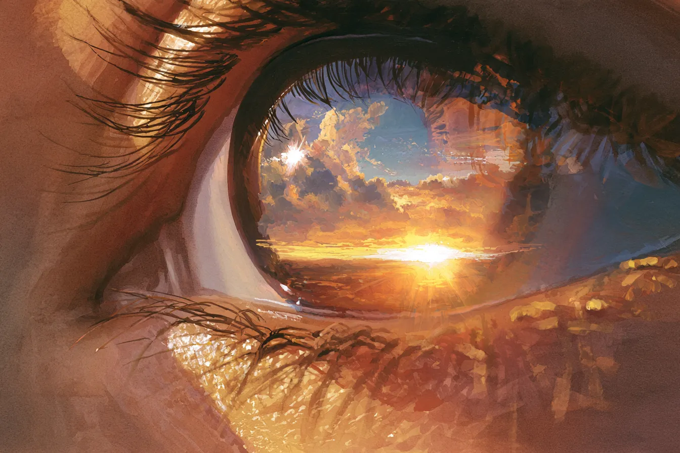 Un primer plano de un ojo humano con un amanecer y nubes reflejados en el iris