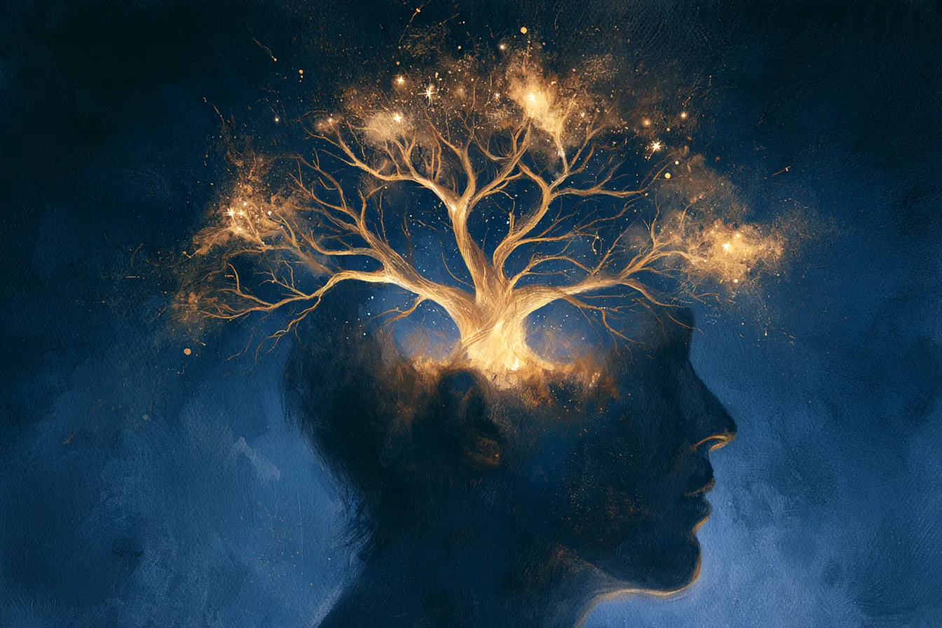 La silueta luminosa del perfil de una cabeza humana que contiene un árbol de luz ramificado, con pensamientos como estrellas entre las ramas